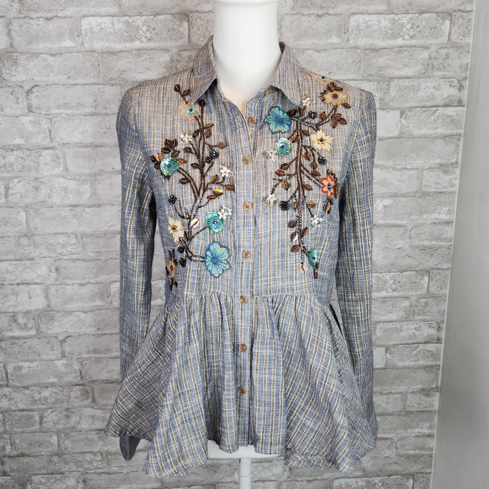 HD in Paris Anthroplogie Top Beaded Sequin Floral Striped Peplum Blue Gold XS